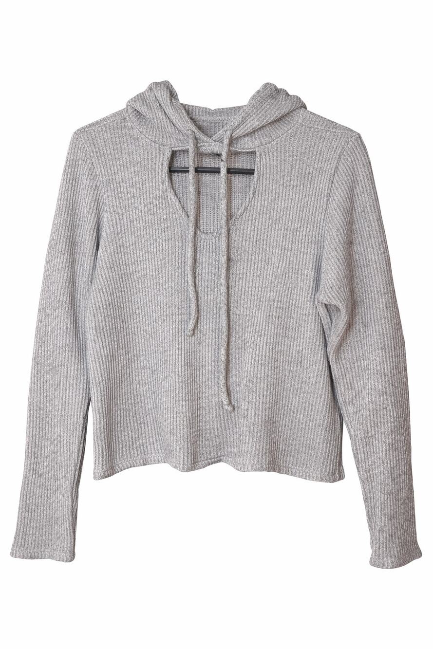 Gray Ribbed Knit Cozy Casual Cropped Hoodie Size Small With Chest Cutout
